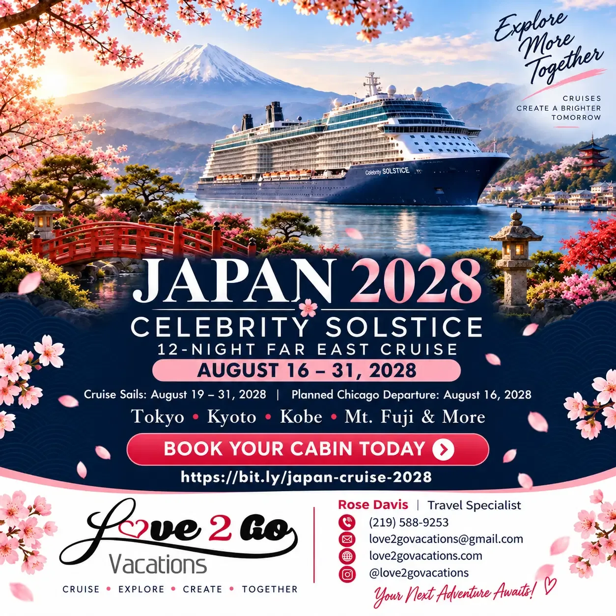Japan 2028 Celebrity Solstice cruise promotional graphic